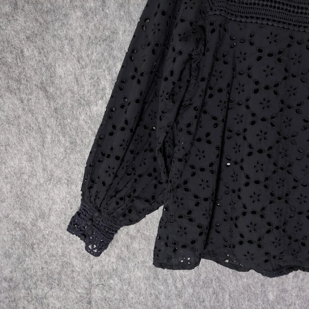 Anthropologie Women Blouse M Black Festival Eyelet Balloon Sleeve Crochet Tunic